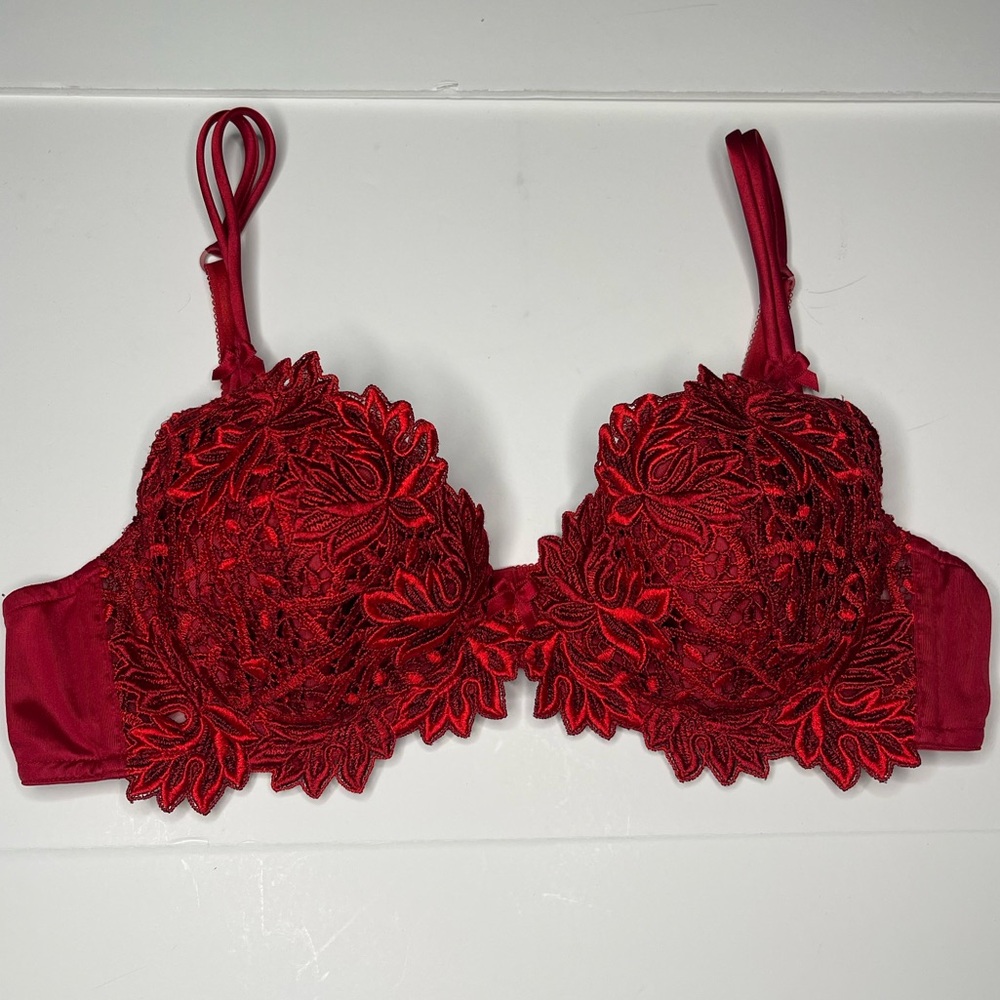 Lise Charmel 36B Embroidery Demi Bra Floral Underwire Uplift Satin Bow Vintage